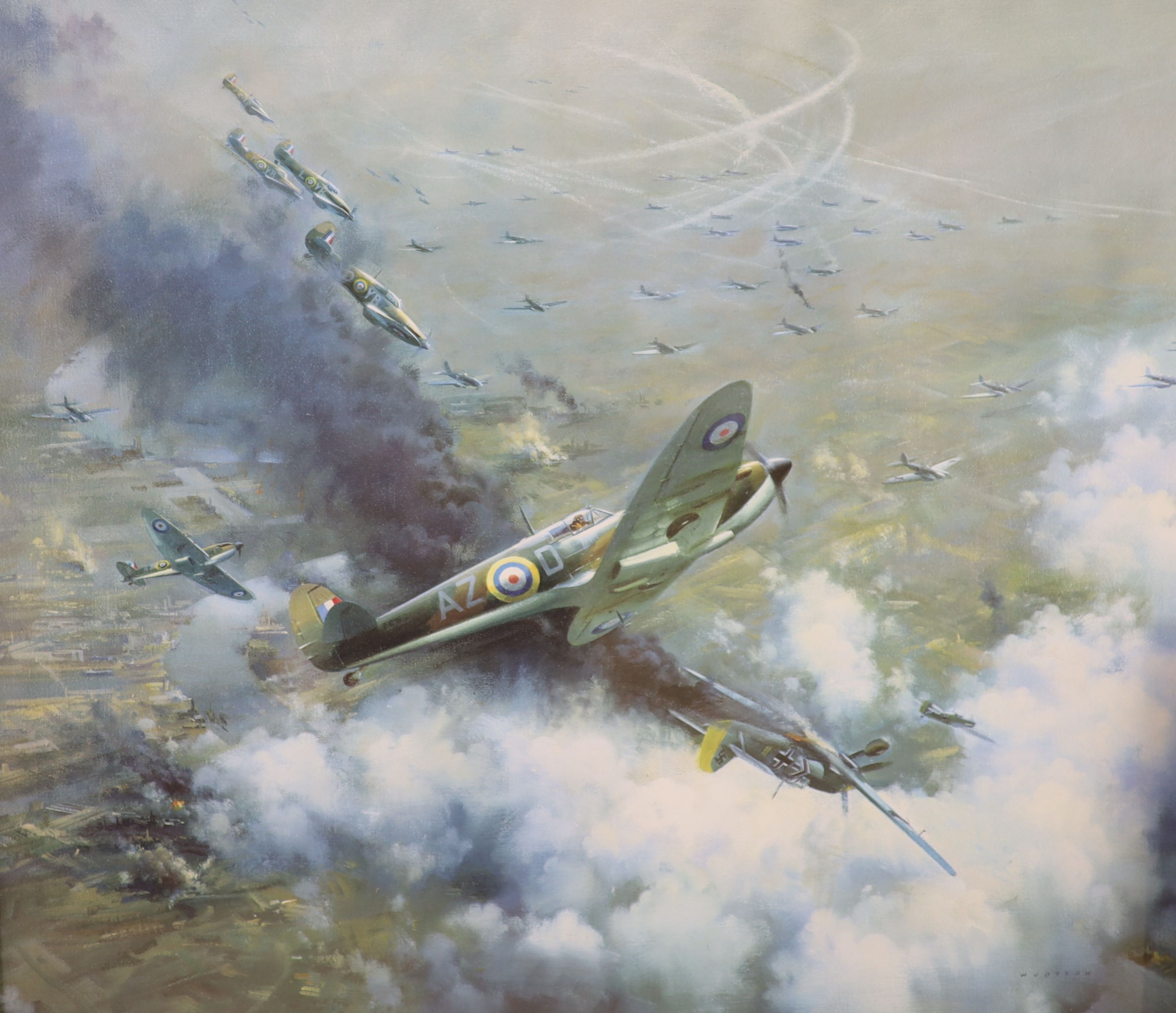 After Frank Wootton, limited edition coloured print, 'Battle Over London 1940', signed in pencil and numbered 224/1250 and two other aviation prints